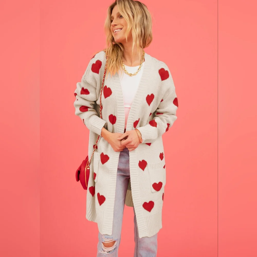 Contrasting Heart Knit Open Front Longline Pocket Sweater Cardigan Valentine - Picture 3 of 9